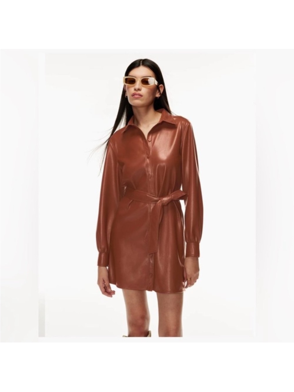 Aritzia Wilfred Vegan Leather Caroline Dress in Cognac